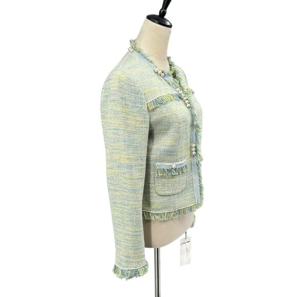 Worth New York NWT Green Yellow Boucle Tweed Fringe Trim Designer Blazer Jacket - Picture 2 of 16